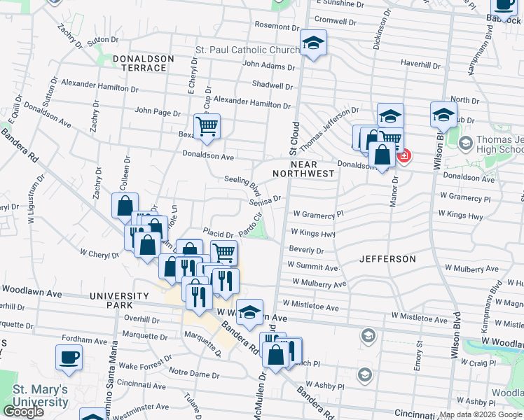 map of restaurants, bars, coffee shops, grocery stores, and more near 120 Pardo Circle in San Antonio