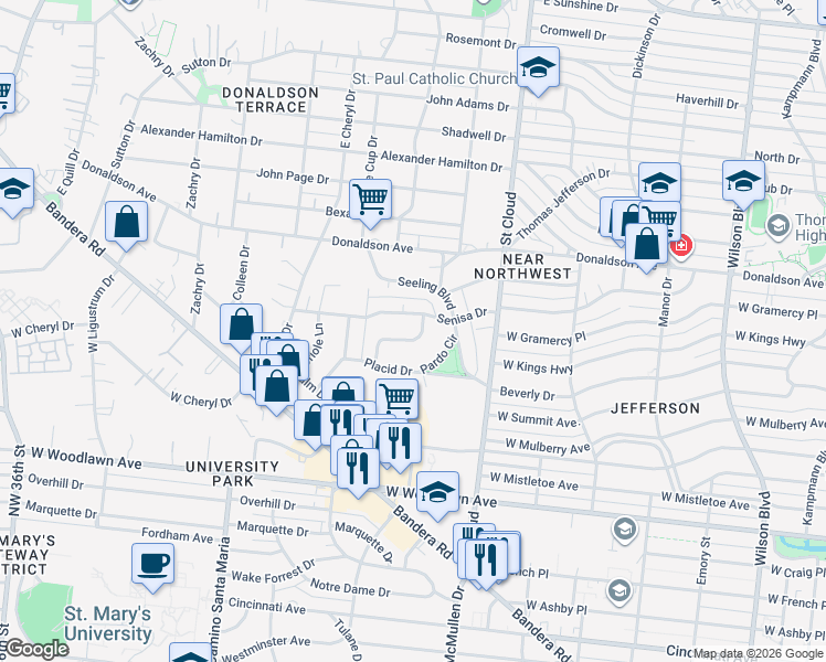 map of restaurants, bars, coffee shops, grocery stores, and more near 122 Comfort in San Antonio