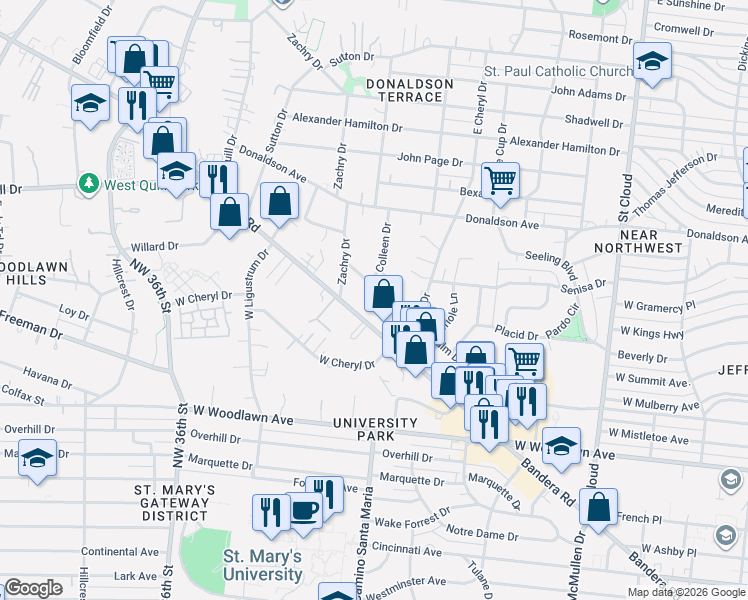 map of restaurants, bars, coffee shops, grocery stores, and more near 1146 Bandera Road in San Antonio