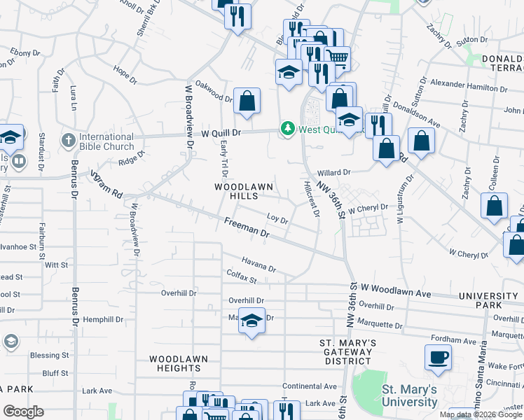 map of restaurants, bars, coffee shops, grocery stores, and more near 503 Freeman Drive in San Antonio