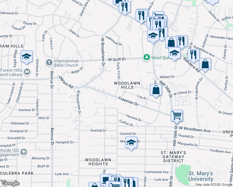 map of restaurants, bars, coffee shops, grocery stores, and more near 706 Freeman Drive in San Antonio