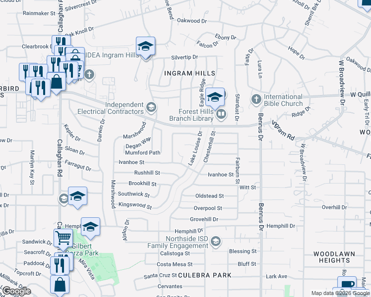 map of restaurants, bars, coffee shops, grocery stores, and more near 2507 Cannes Drive in San Antonio