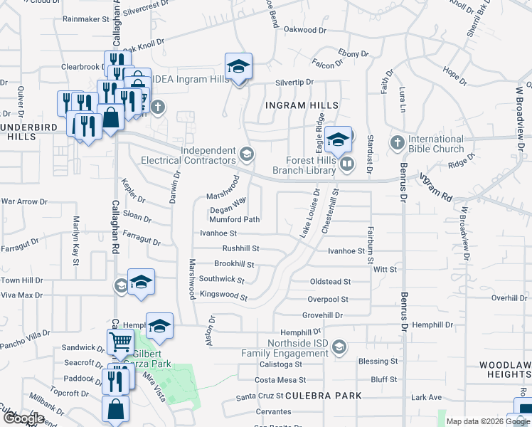 map of restaurants, bars, coffee shops, grocery stores, and more near 2602 Telder Path in San Antonio