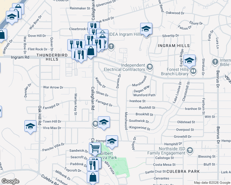 map of restaurants, bars, coffee shops, grocery stores, and more near 5803 Sloan Drive in San Antonio