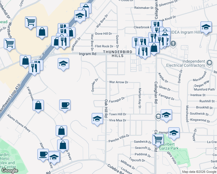 map of restaurants, bars, coffee shops, grocery stores, and more near 6203 Linus Street in San Antonio