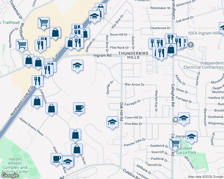 map of restaurants, bars, coffee shops, grocery stores, and more near 6227 Linus Street in San Antonio