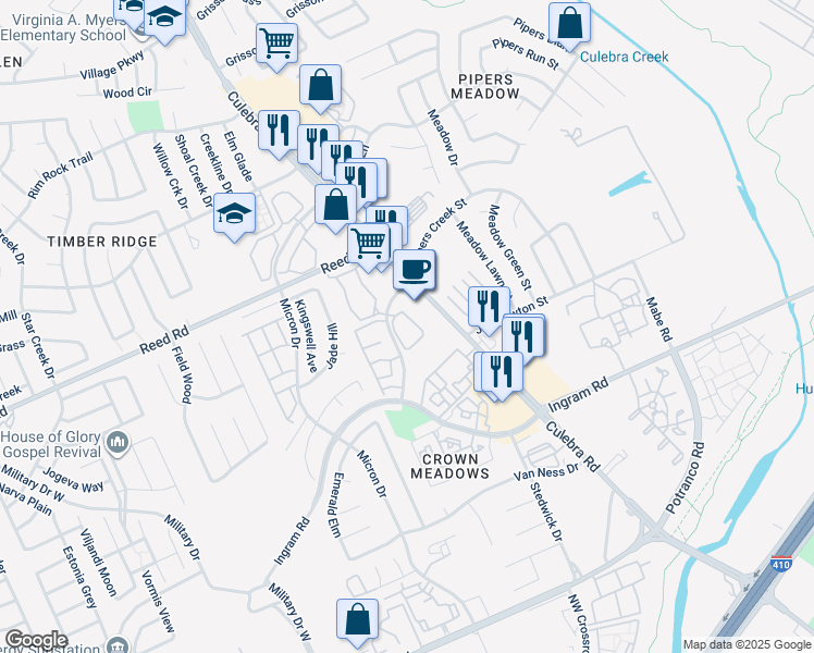map of restaurants, bars, coffee shops, grocery stores, and more near 15 Pipers Creek Street in San Antonio