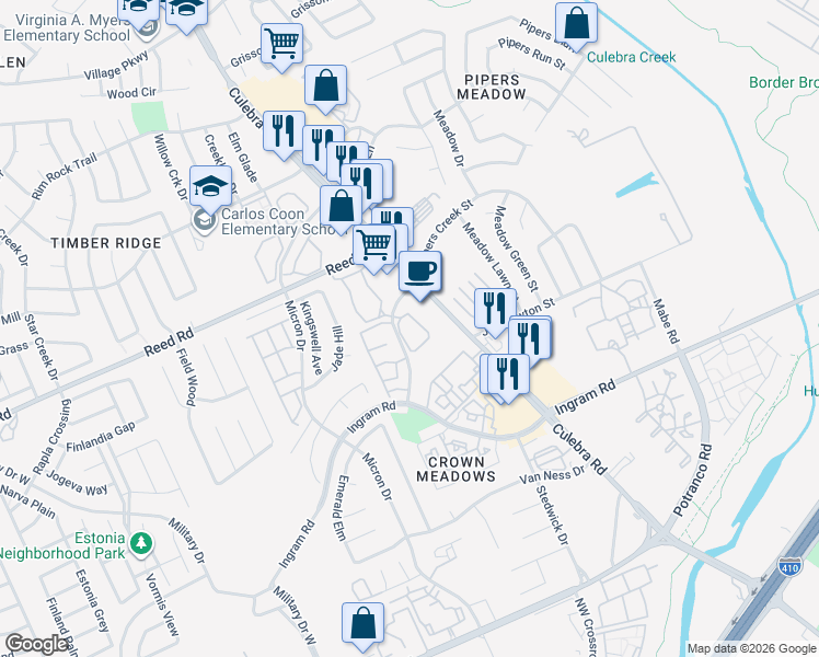 map of restaurants, bars, coffee shops, grocery stores, and more near 15 Pipers Creek Street in San Antonio