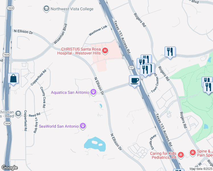 map of restaurants, bars, coffee shops, grocery stores, and more near 2812 North Ellison Drive in San Antonio