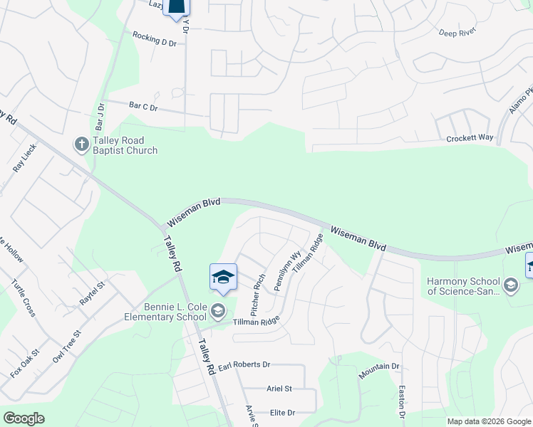 map of restaurants, bars, coffee shops, grocery stores, and more near Wiseman Boulevard in San Antonio