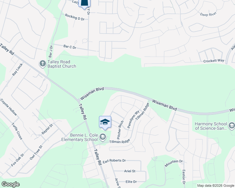 map of restaurants, bars, coffee shops, grocery stores, and more near Wiseman Boulevard in San Antonio