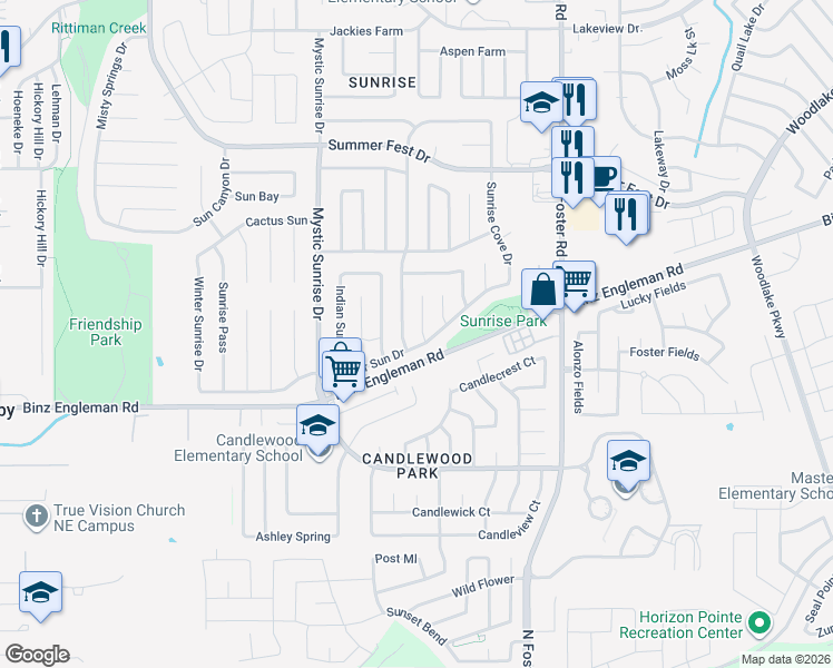 map of restaurants, bars, coffee shops, grocery stores, and more near 5972 Glacier Sun Drive in San Antonio