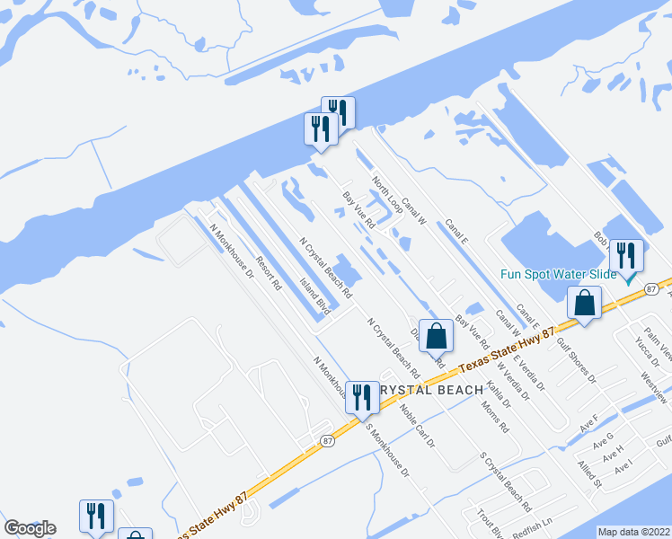 map of restaurants, bars, coffee shops, grocery stores, and more near 1204 North Crystal Beach Road in Galveston
