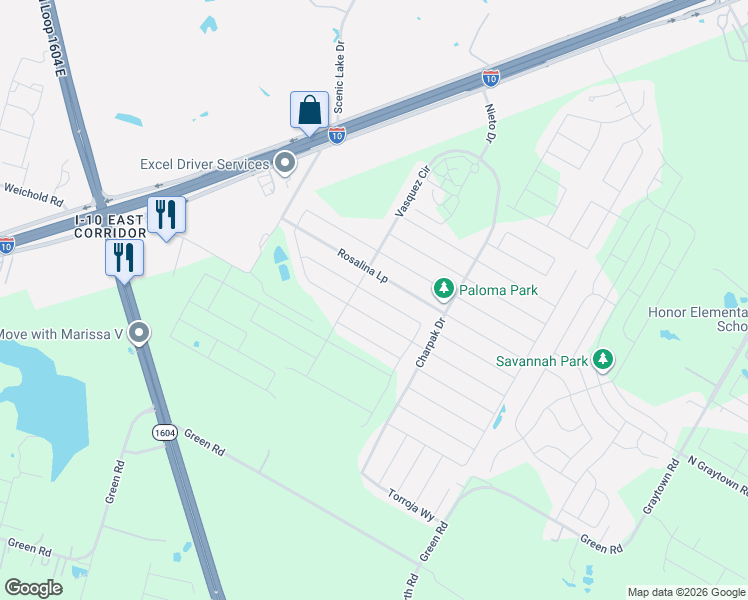map of restaurants, bars, coffee shops, grocery stores, and more near 3990 Weichold in Converse