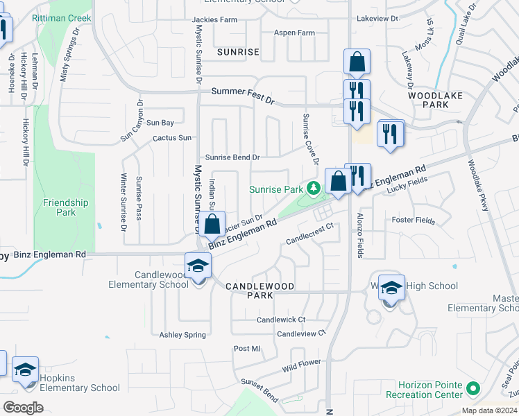 map of restaurants, bars, coffee shops, grocery stores, and more near 5972 Glacier Sun Drive in San Antonio