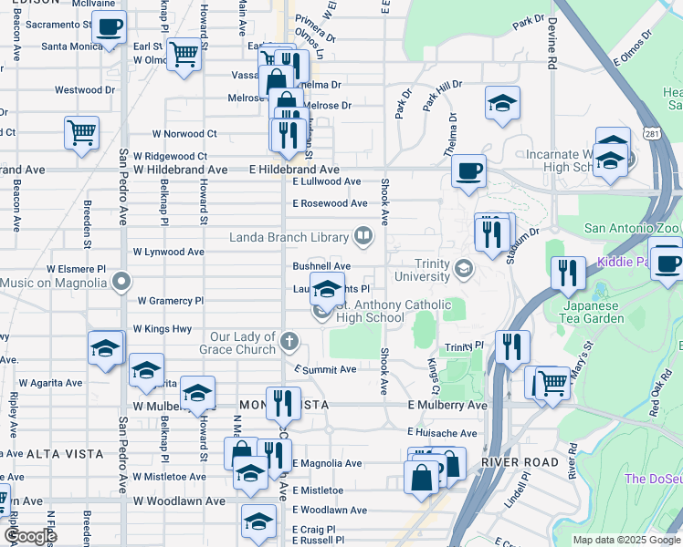 map of restaurants, bars, coffee shops, grocery stores, and more near 225 Laurel Heights Place in San Antonio