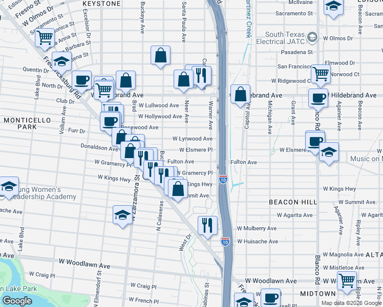 map of restaurants, bars, coffee shops, grocery stores, and more near 1338 Fulton Avenue in San Antonio