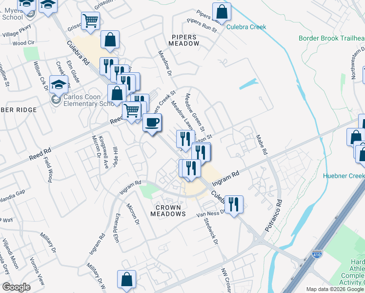map of restaurants, bars, coffee shops, grocery stores, and more near 7750 Culebra Road in San Antonio