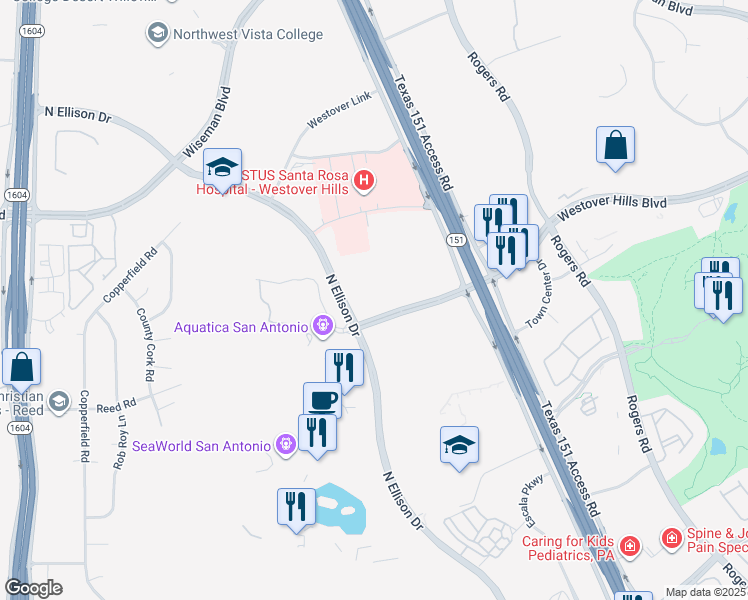 map of restaurants, bars, coffee shops, grocery stores, and more near 10800-11086 Westover Hills Blvd in San Antonio
