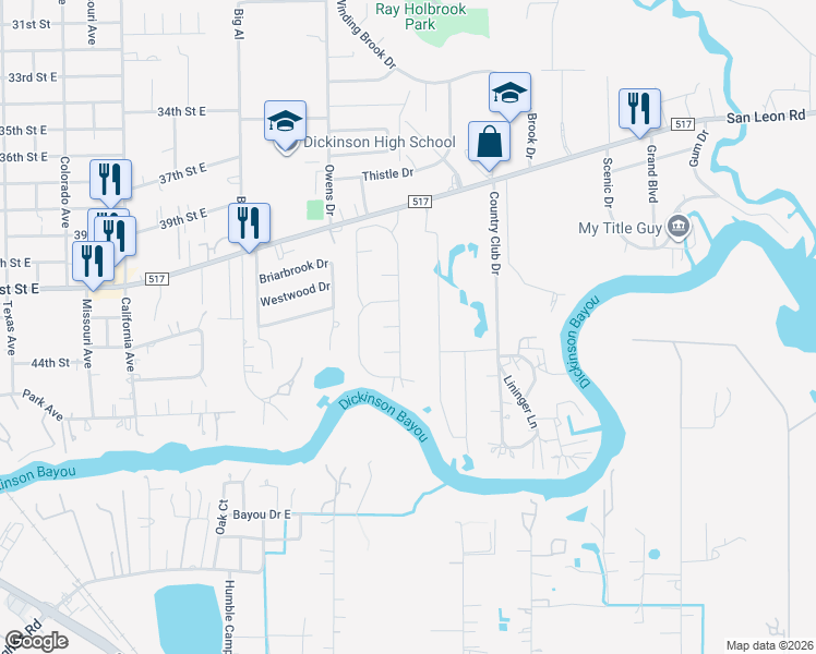 map of restaurants, bars, coffee shops, grocery stores, and more near 4214 Leslie's Way in Dickinson