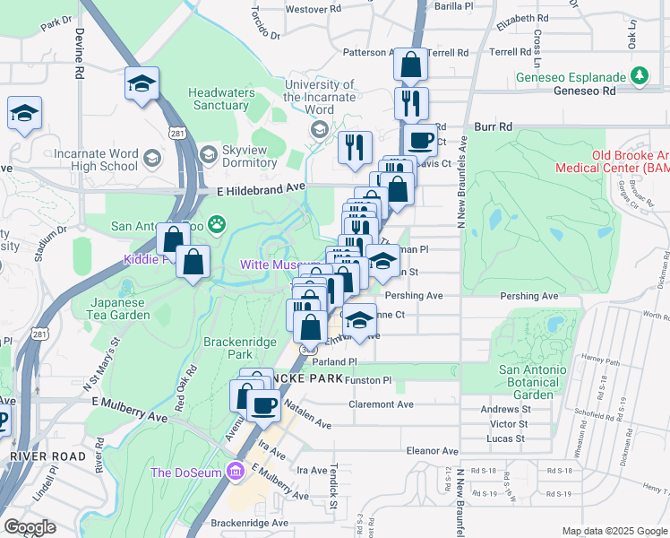 map of restaurants, bars, coffee shops, grocery stores, and more near 3801 Broadway in San Antonio