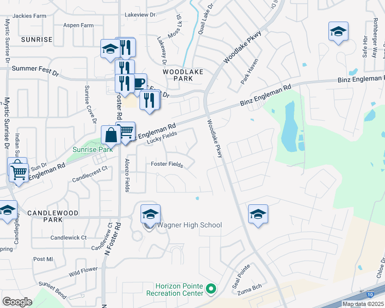map of restaurants, bars, coffee shops, grocery stores, and more near 3614 Melody Fields in Converse