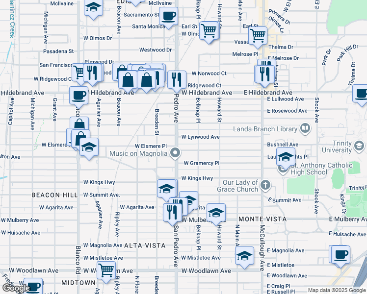 map of restaurants, bars, coffee shops, grocery stores, and more near 334 West Lynwood Avenue in San Antonio