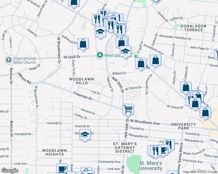map of restaurants, bars, coffee shops, grocery stores, and more near 1311 Hillcrest Drive in San Antonio