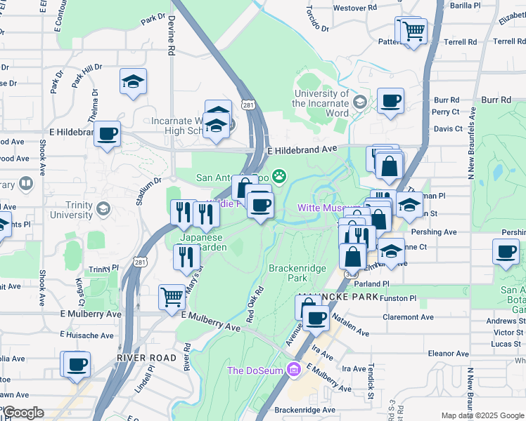map of restaurants, bars, coffee shops, grocery stores, and more near 3903 North Saint Mary's Street in San Antonio
