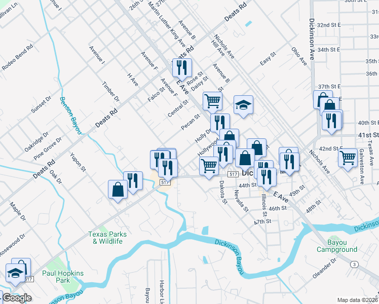 map of restaurants, bars, coffee shops, grocery stores, and more near 3705 Venze Street in Dickinson