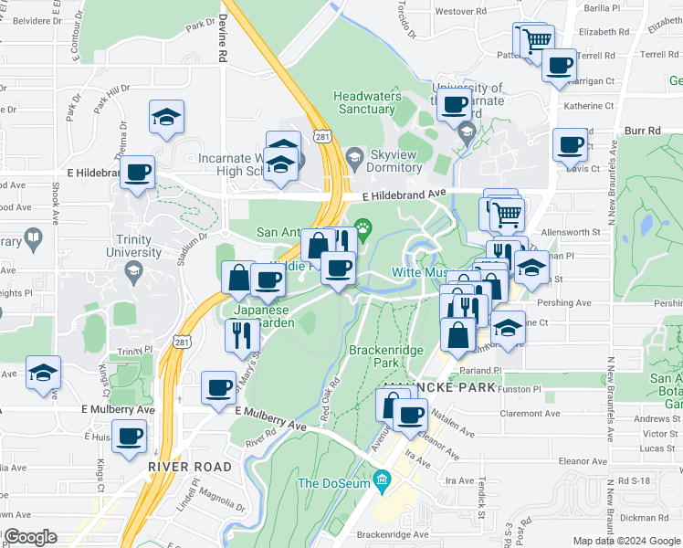 map of restaurants, bars, coffee shops, grocery stores, and more near 3903 North Saint Mary's Street in San Antonio