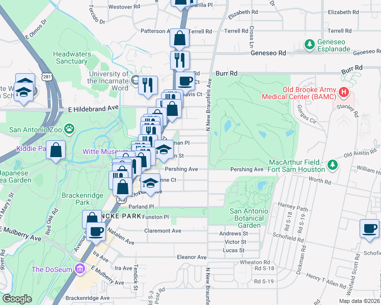 map of restaurants, bars, coffee shops, grocery stores, and more near 306 Thorman Place in San Antonio