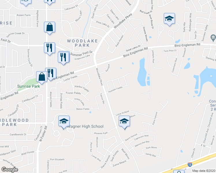 map of restaurants, bars, coffee shops, grocery stores, and more near 6938 Sunspot in Converse