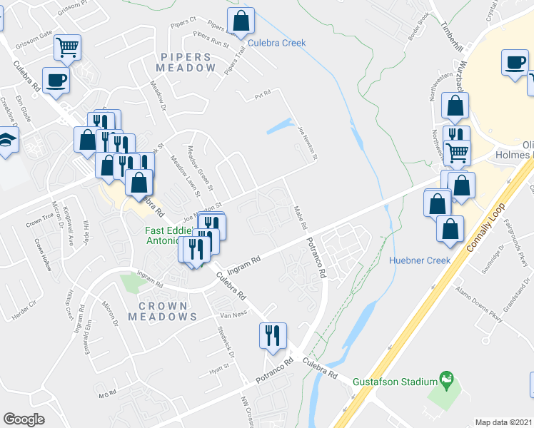 map of restaurants, bars, coffee shops, grocery stores, and more near 7585 Ingram Road in San Antonio