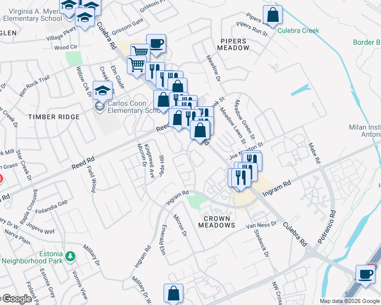 map of restaurants, bars, coffee shops, grocery stores, and more near 7870 Culebra Road in San Antonio