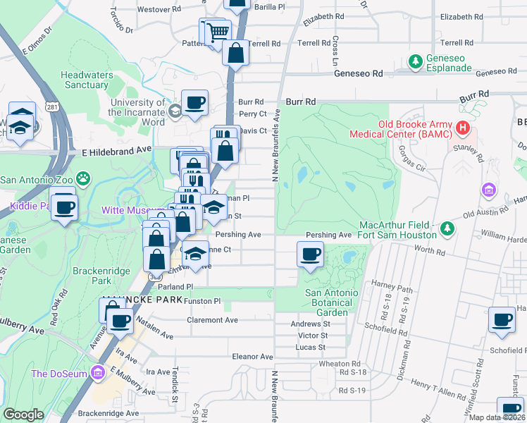 map of restaurants, bars, coffee shops, grocery stores, and more near 343 Carnahan Street in San Antonio