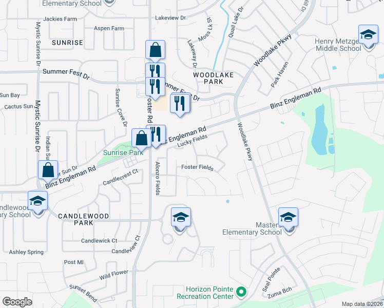 map of restaurants, bars, coffee shops, grocery stores, and more near 6710 Windfield Gap in Converse