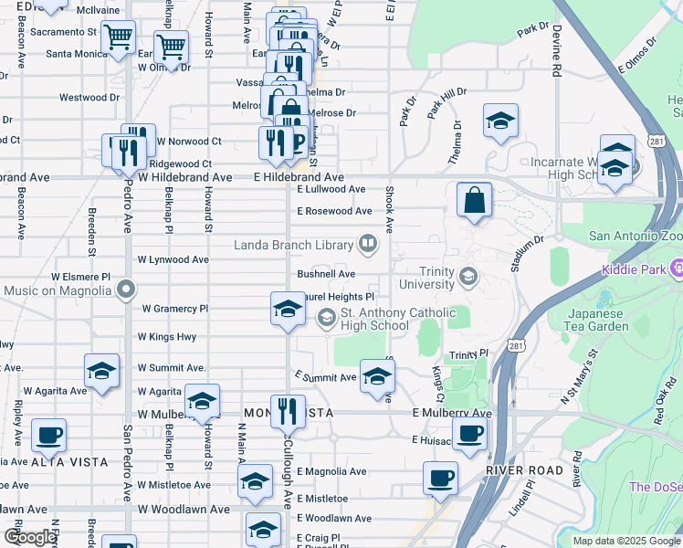 map of restaurants, bars, coffee shops, grocery stores, and more near 155 Bushnell Avenue in San Antonio