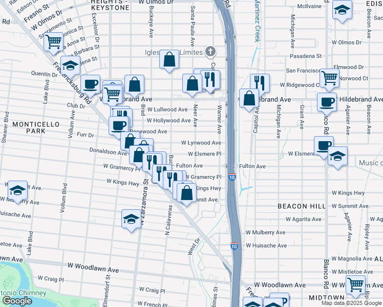 map of restaurants, bars, coffee shops, grocery stores, and more near 1338 West Lynwood Avenue in San Antonio