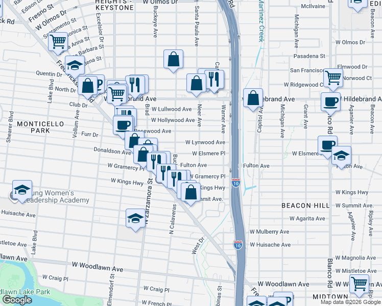 map of restaurants, bars, coffee shops, grocery stores, and more near 1426 West Lynwood Avenue in San Antonio