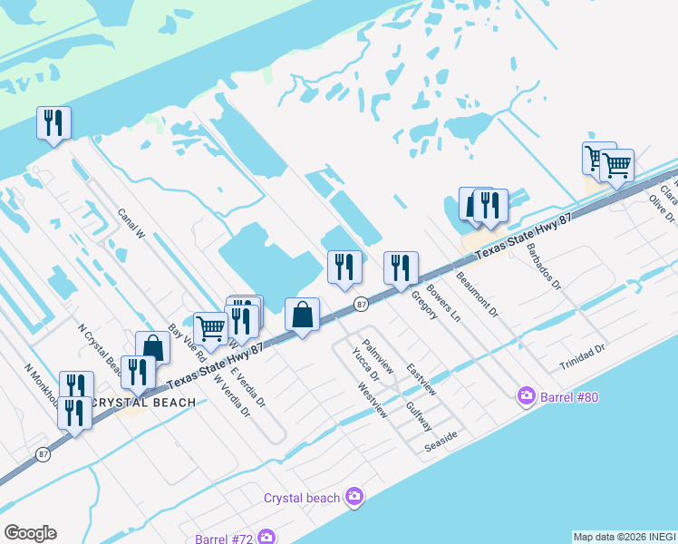 map of restaurants, bars, coffee shops, grocery stores, and more near in Bolivar Peninsula