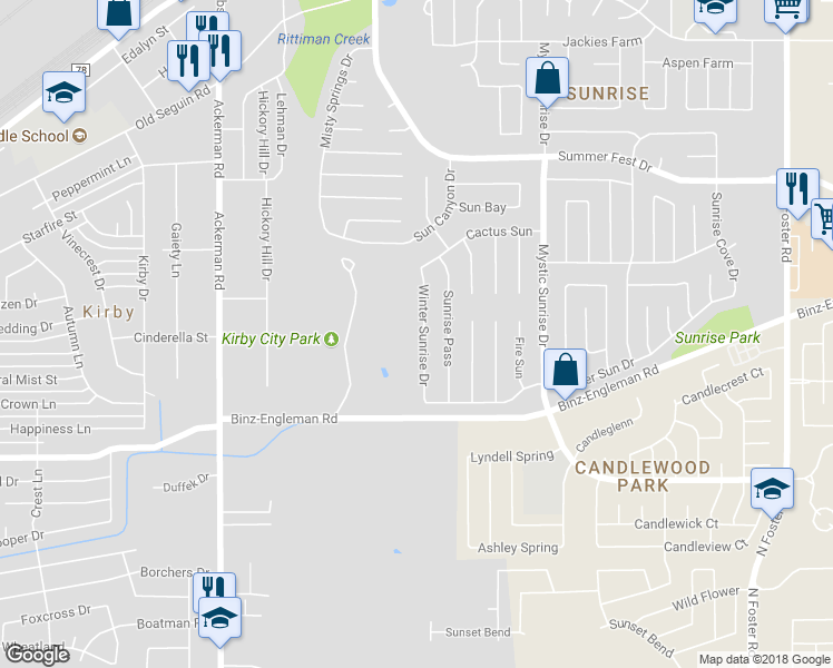 map of restaurants, bars, coffee shops, grocery stores, and more near 4075 Winter Sunrise Drive in San Antonio