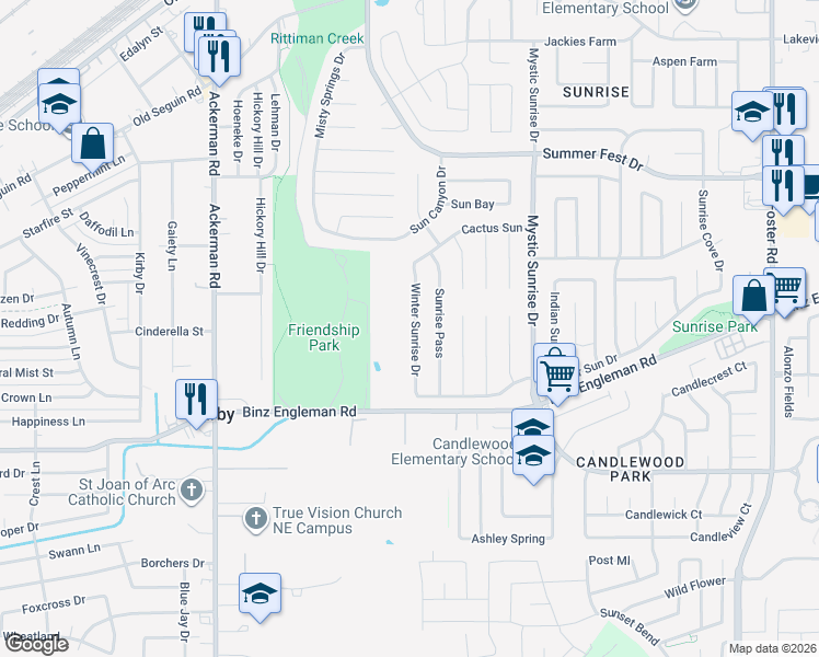 map of restaurants, bars, coffee shops, grocery stores, and more near 4075 Winter Sunrise Drive in San Antonio