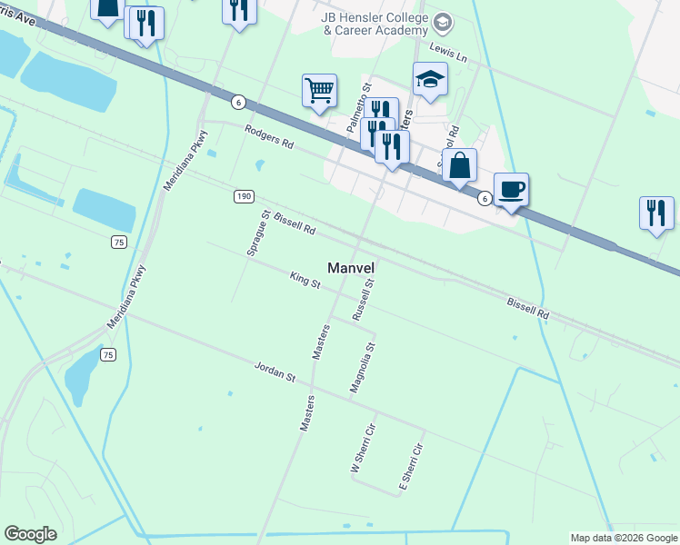 map of restaurants, bars, coffee shops, grocery stores, and more near in Manvel