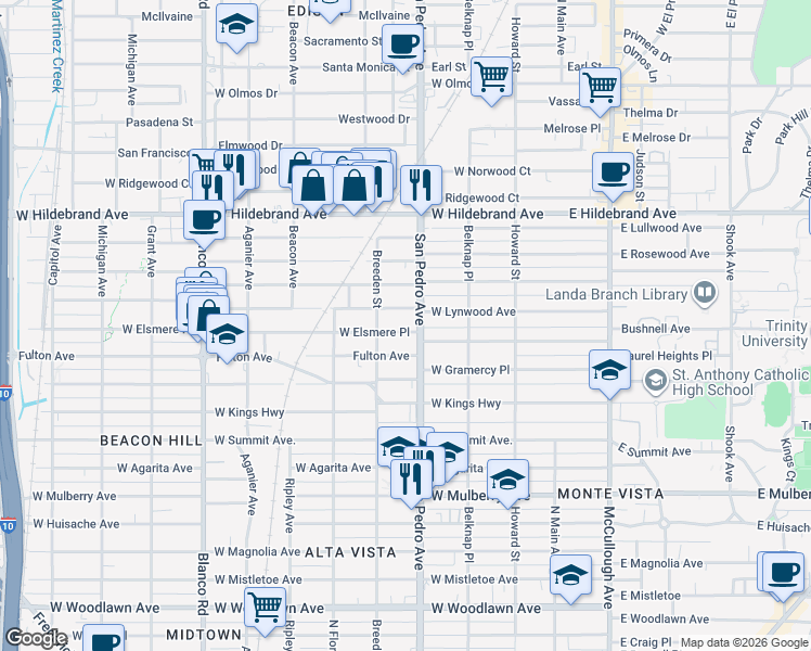 map of restaurants, bars, coffee shops, grocery stores, and more near 430 West Lynwood Avenue in San Antonio