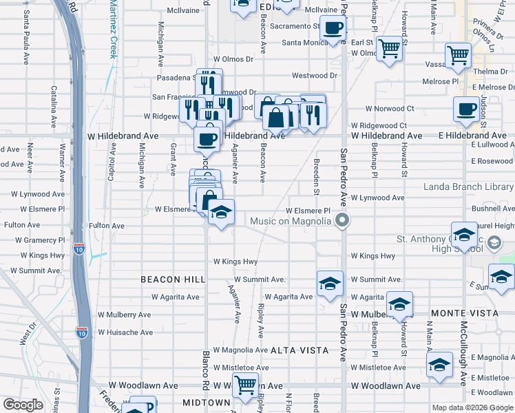 map of restaurants, bars, coffee shops, grocery stores, and more near 716 West Lynwood Avenue in San Antonio