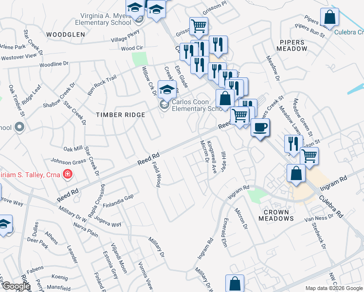 map of restaurants, bars, coffee shops, grocery stores, and more near 7951 Ruby Meadow in San Antonio