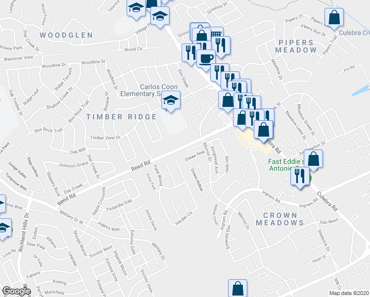map of restaurants, bars, coffee shops, grocery stores, and more near 7951 Ruby Meadow in San Antonio