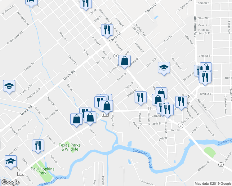 map of restaurants, bars, coffee shops, grocery stores, and more near 2309 Holly Drive in Dickinson
