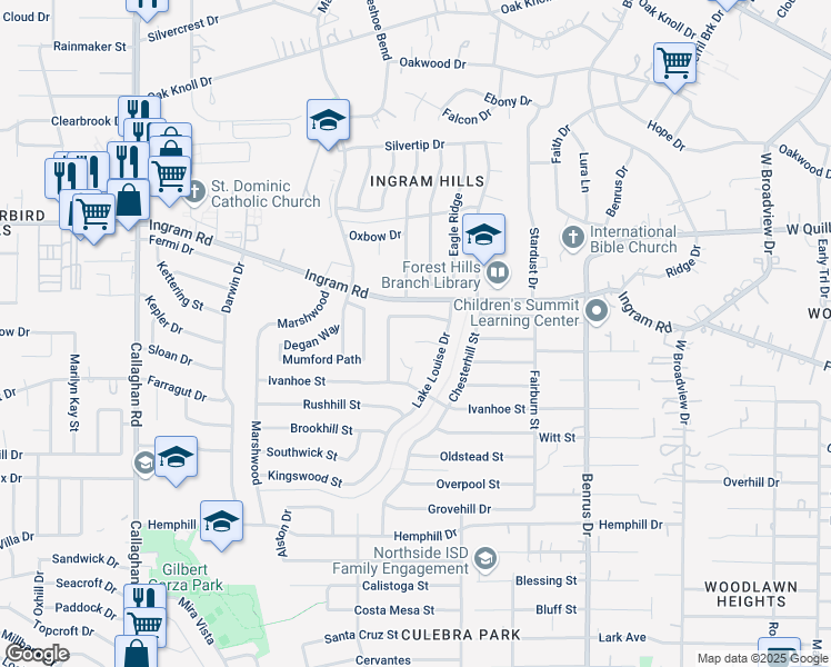 map of restaurants, bars, coffee shops, grocery stores, and more near 5330 Southampton Drive in San Antonio